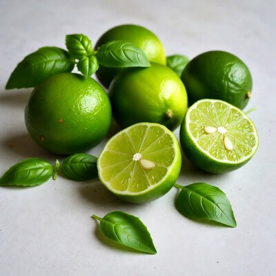 Fresh limes with basil leaves