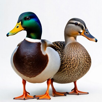 Male and female mallard ducks standing