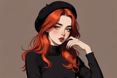 Redhead woman in black beret