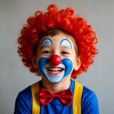 Boy in clown costume smiling