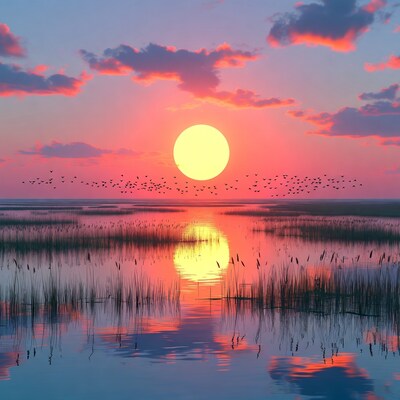 Sunset over marsh with birds and reeds