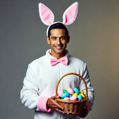 Man in bunny costume holding Easter basket