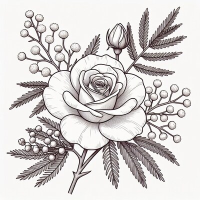 White Rose with Ferns and Berries Illustration