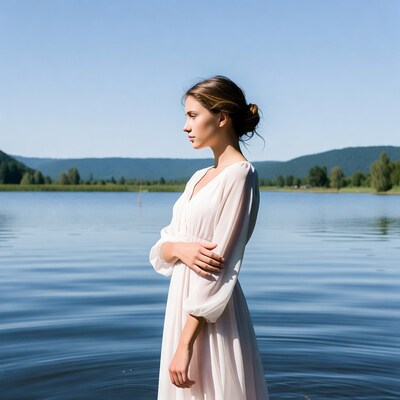 Woman in white dress by lake