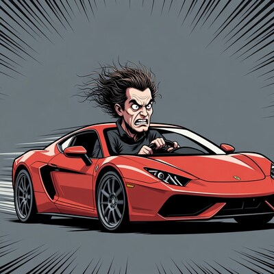 Angry man driving red Lamborghini illustration