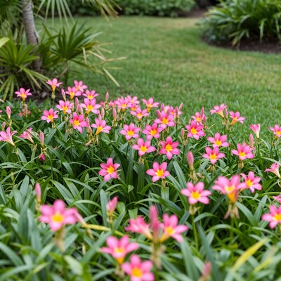 Pink Rain Lily Flowers in Garden