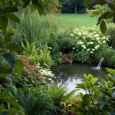 Garden pond with waterfall and lush plants