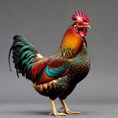 Colorful Rooster Standing on Gray Background