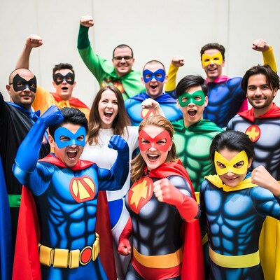 Group of superhero cosplayers posing excitedly