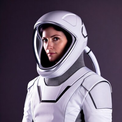 Woman in white spacesuit helmet