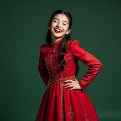 Asian girl smiling in red embroidered dress