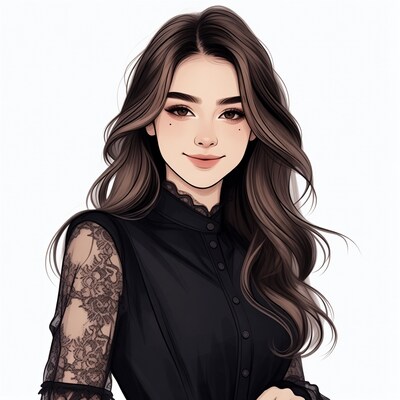 Asian woman in black lace blouse illustration