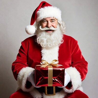 Smiling Santa Claus holding red gift