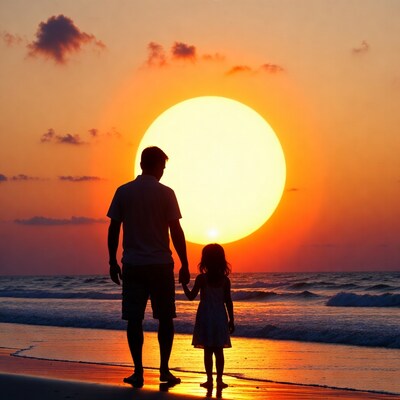 Father and daughter holding hands at sunset beach
