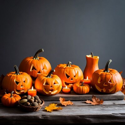 Jack-o-lantern Pumpkins on Wooden Table