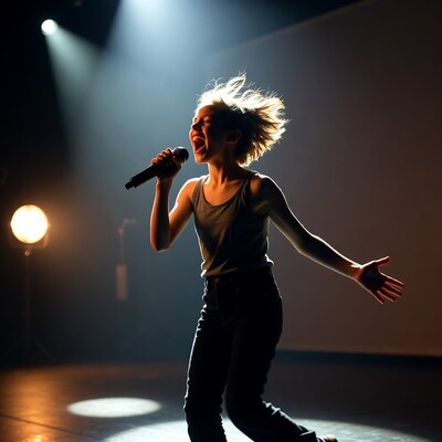 Girl singing passionately on stage
