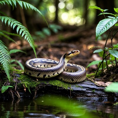 Banded snake coiled on mossy log