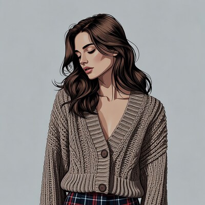 Woman in beige cardigan and plaid skirt