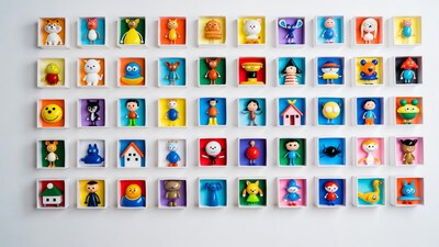 Colorful toy figures in white boxes