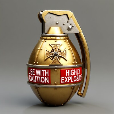 Golden Grenade with Cross and Warning Labels