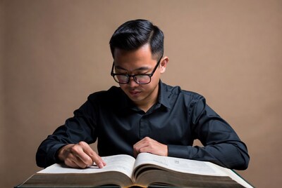 Asian man reading book