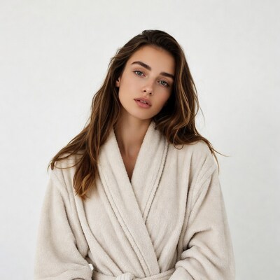 Woman in white bathrobe