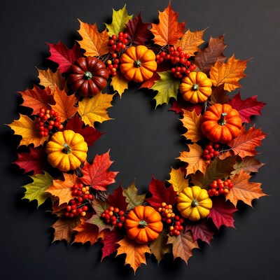 Autumn Wreath with Pumpkins and Leaves