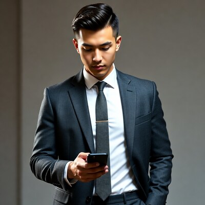 Asian man in suit using smartphone