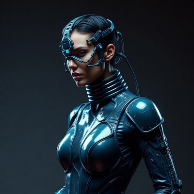 Cyberpunk woman in blue latex armor