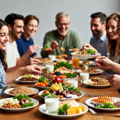 Diverse family eating healthy dinner together
