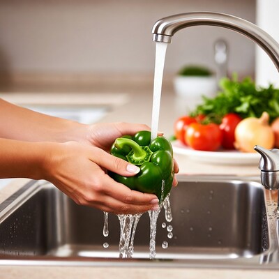 Woman washing green bell pepper under faucet
