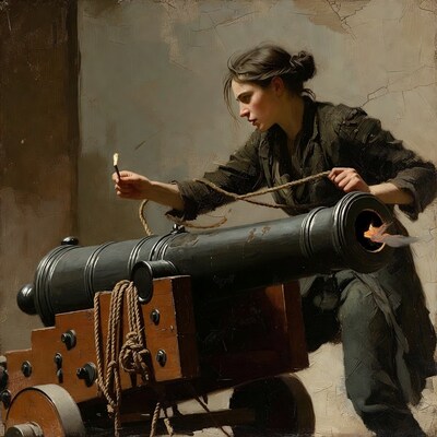 Woman lighting cannon fuse