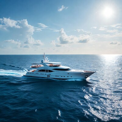 White luxury yacht speeding on ocean
