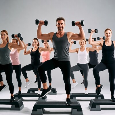 Fitness trainer leading women dumbbell step workout
