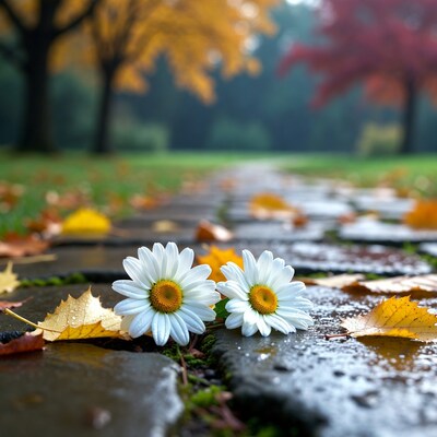 White Daisies on Wet Autumn Path