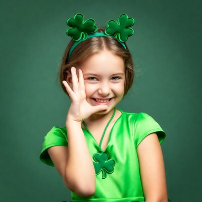 Girl in shamrock headband making peace sign