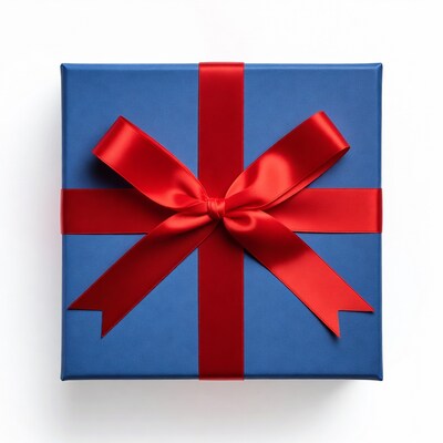Blue gift box with red ribbon