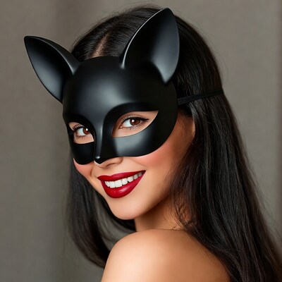 Woman in black cat mask smiling