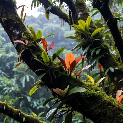 Colorful Leaves on Mossy Tree Branch