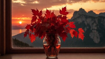 Red maple leaves in vase by sunset window