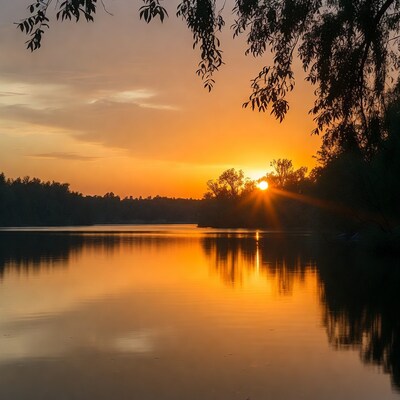 Sunset over lake with trees