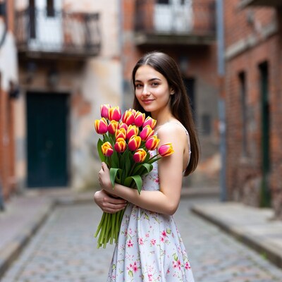 Young woman holding tulips in alley