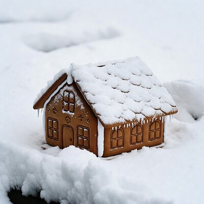 Gingerbread house in snow