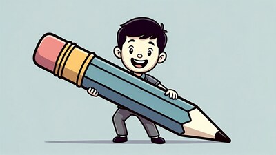 Cartoon Asian boy holding giant pencil