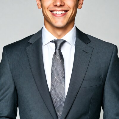 Smiling man in gray suit and tie