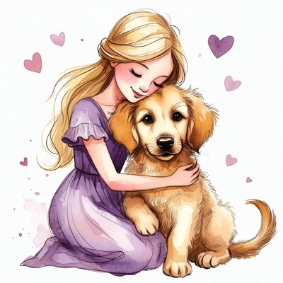 Girl hugging golden retriever puppy