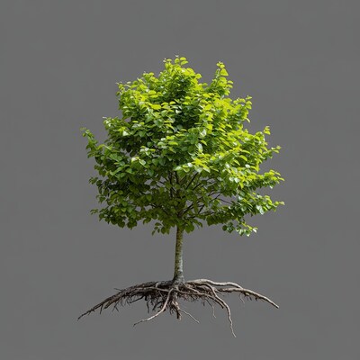 Tree with exposed roots on gray background