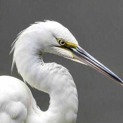 Closeup white egret with yellow eye