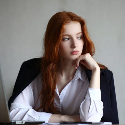 Redhead woman thinking at desk with laptop