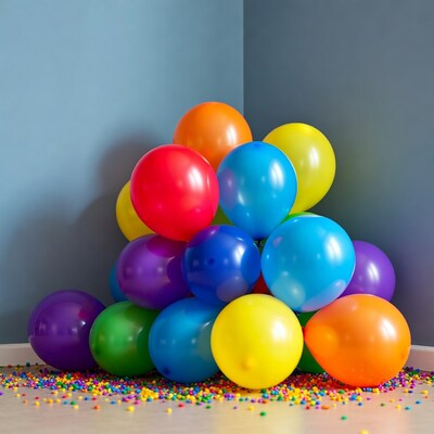 Colorful Balloons Stacked in Corner